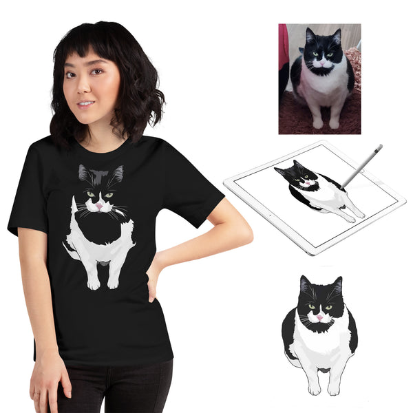 Custom Tuxedo Cat Portrait Unisex T-Shirt BLACK MrsCopyCat
